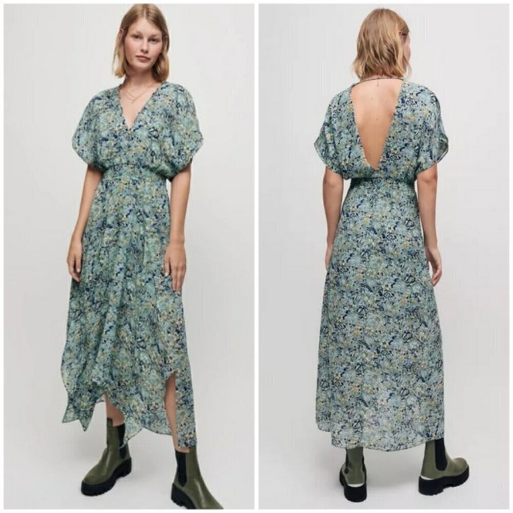 💕MAJE💕 Printed Chiffon Scarf Dress Celadon Blue Bouquet Floral Print 36 = US S